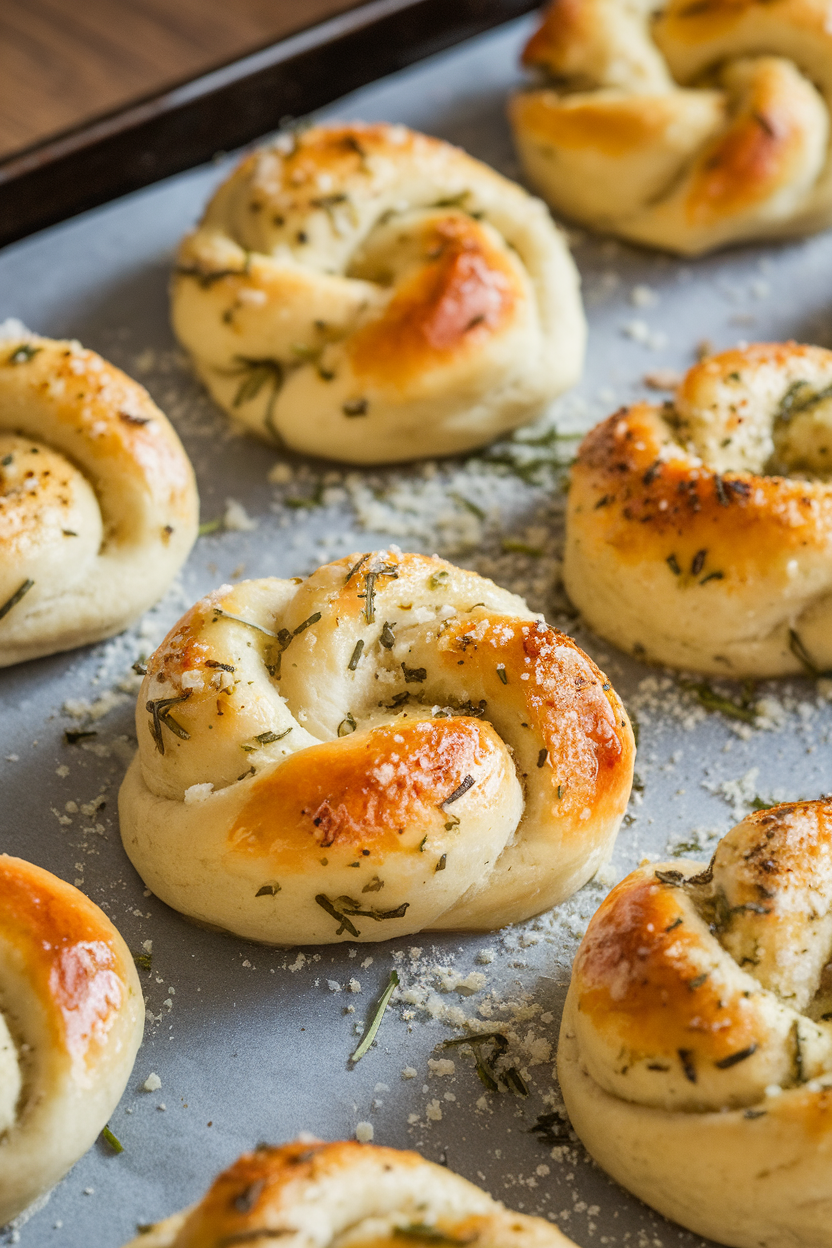 Indoor photo of soft dough knots brushed with garlic butter and sprinkled with Parmesan on a baking sheet. No text or logos.