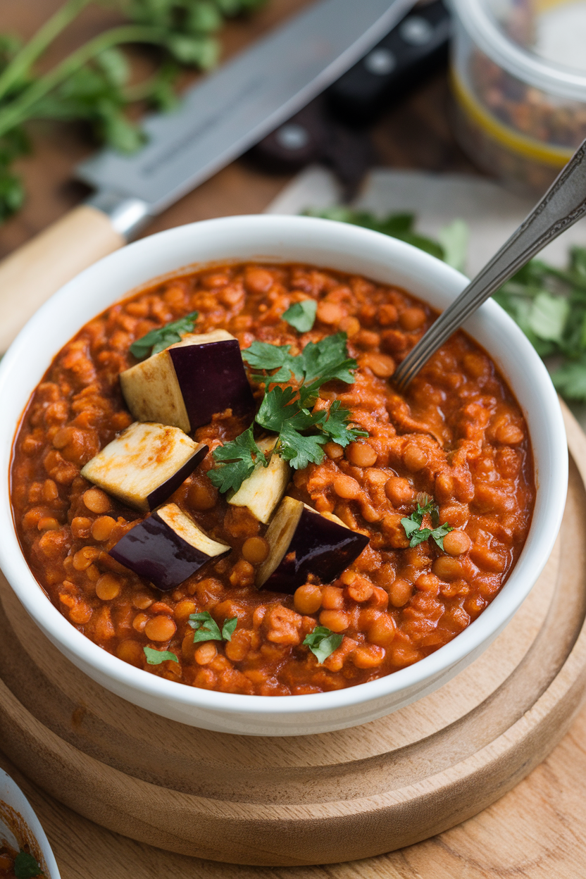 Indoor photo of reddish-brown lentil chili with cubed eggplant, parsley sprinkle; no text or logos.