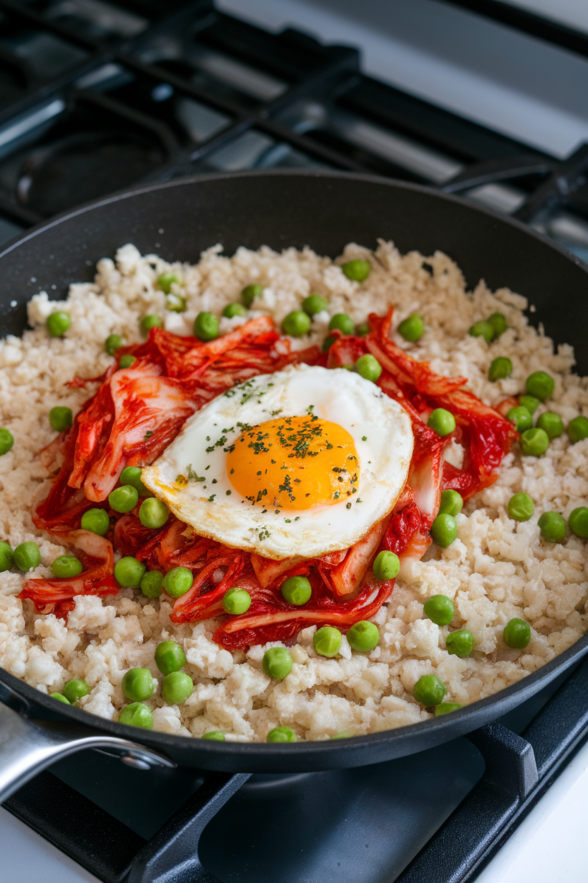 Indoor stovetop shot of a skillet containing cooked cauliflower rice studded with kimchi, peas, and scrambled egg, vibrant colors popping. No text or logos visible.