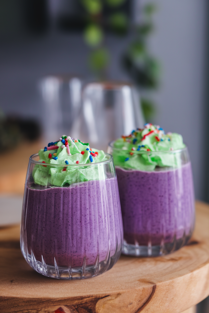Clear glasses of vibrant purple pudding topped with green whipped cream “foam” and candy sprinkles, indoors, no text or logos.