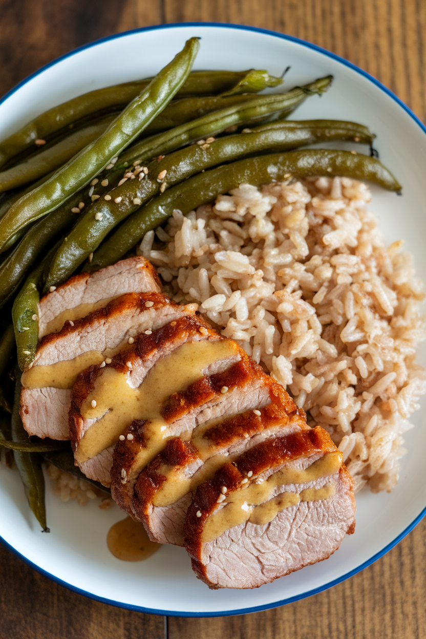 Indoor photo of sliced honey mustard pork, brown rice, and roasted green beans on a dinner plate. No text or logos.