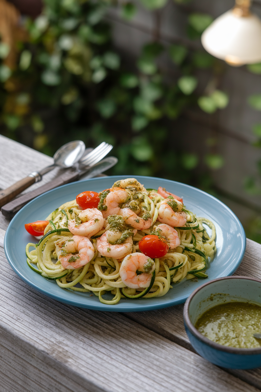 An indoor plate of zucchini noodles tossed with shrimp and pesto, garnished with cherry tomatoes; no text or logos, photo not illustration.