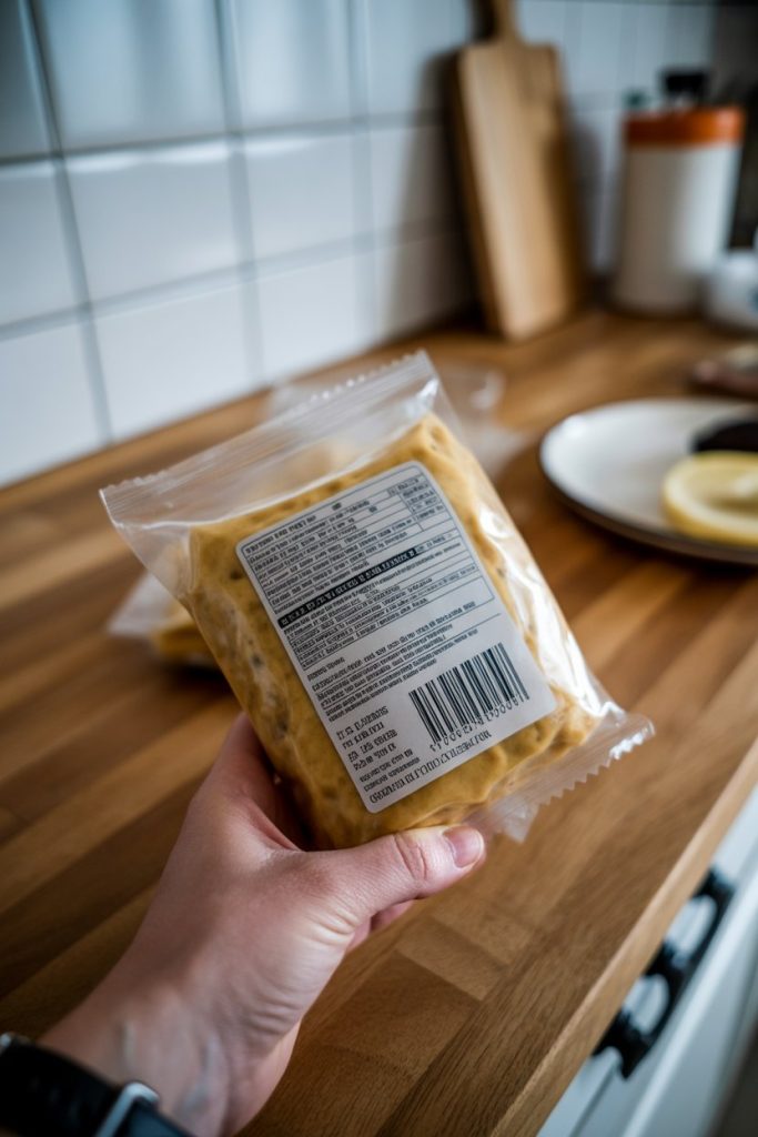 Close-up indoor photo of a hand holding a food package, the back label in sharp focus while the front is blurred, taken on a wooden kitchen counter. No text or logos visible. Photo, not illustration.