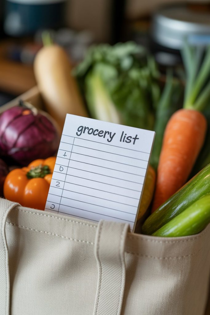 Close-up of a notepad grocery list resting on a reusable tote filled with colorful vegetables, indoor lighting, photo, no text or logos