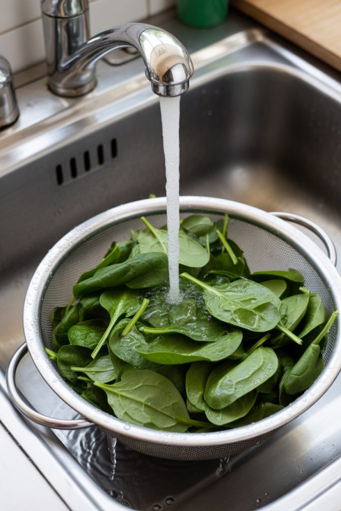 Colander of fresh spinach leaves being rinsed in a sink, indoor photo, no text or logos
