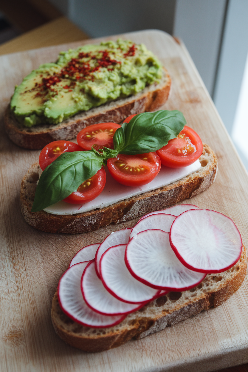An indoor cutting board with three slices of toasted sourdough: one topped with avocado and chili flakes, one with cherry tomatoes and basil, and one with smoked salt and radish. No text or logos visible.