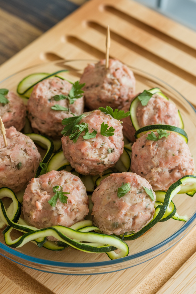 An indoor platter lined with cocktail-size turkey meatballs flecked with green zucchini ribbons, garnished with parsley—photo, no text or logos.