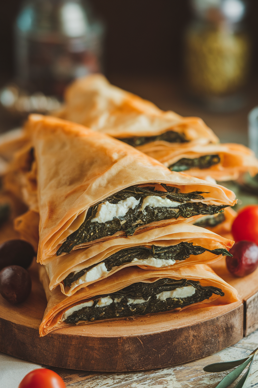 Photo of an indoor platter of flaky phyllo triangles filled with spinach and feta, layers crisply defined; cozy lighting, no text or logos