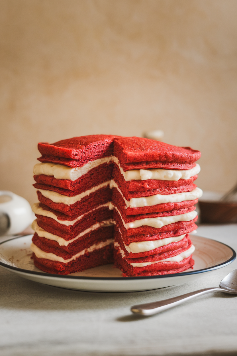 Indoor photo of vibrant red pancakes stacked high with cream-cheese frosting layers in between; no text or logos.