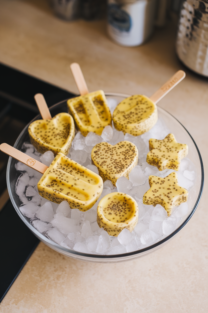 Indoor kitchen counter with a tray of yellow chia popsicles resting on crushed ice, photographed straight on. No text or logos on molds.