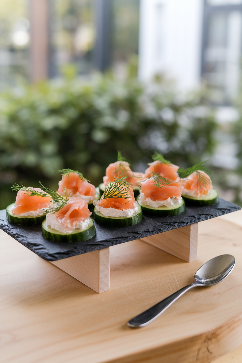 Photo of an indoor slate board with cucumber slices topped with cream cheese, smoked salmon, and dill sprigs; soft window light, no text or logos