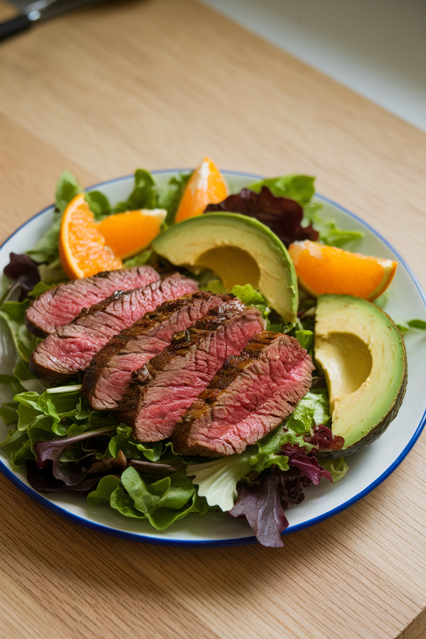 Indoor plate of mixed greens, sliced skirt steak, avocado wedges, and orange segments. No text or logos; photo.