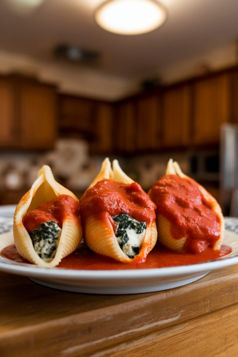 An indoor plate with three jumbo pasta shells stuffed with spinach-ricotta filling, marinara spooned over. No text or logos.
