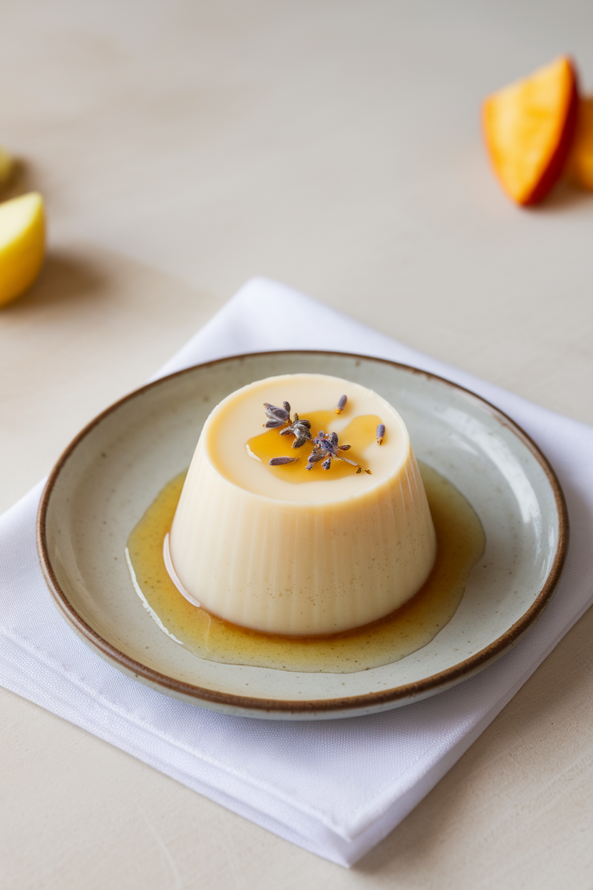 Indoor photo of panna cotta unmolded onto a small plate, drizzle of honey and tiny lavender buds, no text or logos