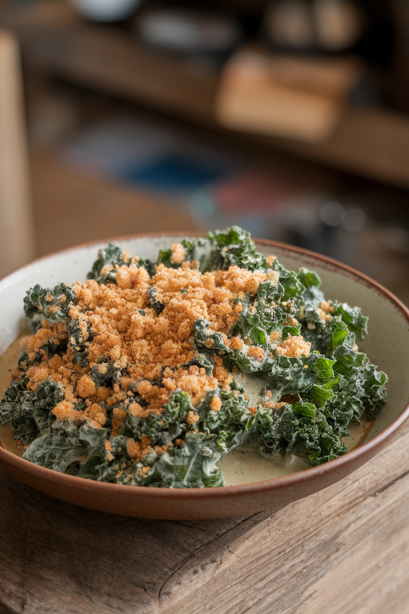 An indoor serving bowl of creamy kale, emerald leaves coated in a pale sauce, breadcrumbs sprinkled on top. This should be a photo, not an illustration. No text or logos anywhere in the scene.