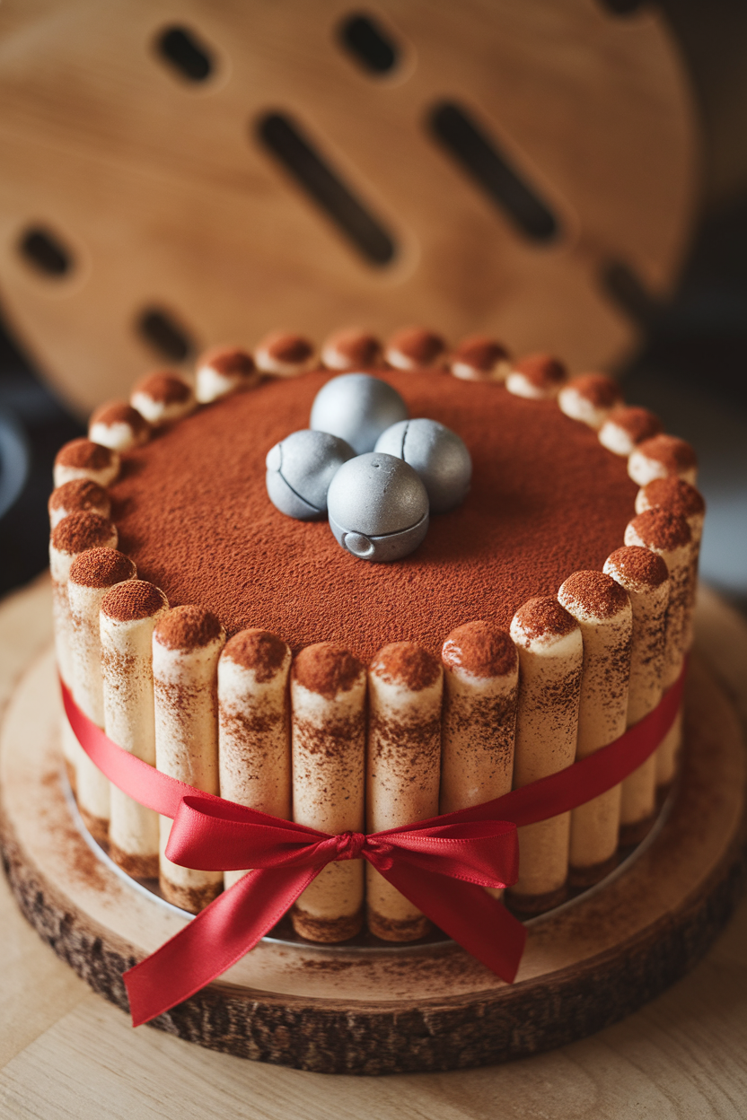 Round tiramisu-inspired cake indoors dusted with cocoa, ringed with ladyfingers tied by a red ribbon, and topped with three edible silver bells. No logos present.