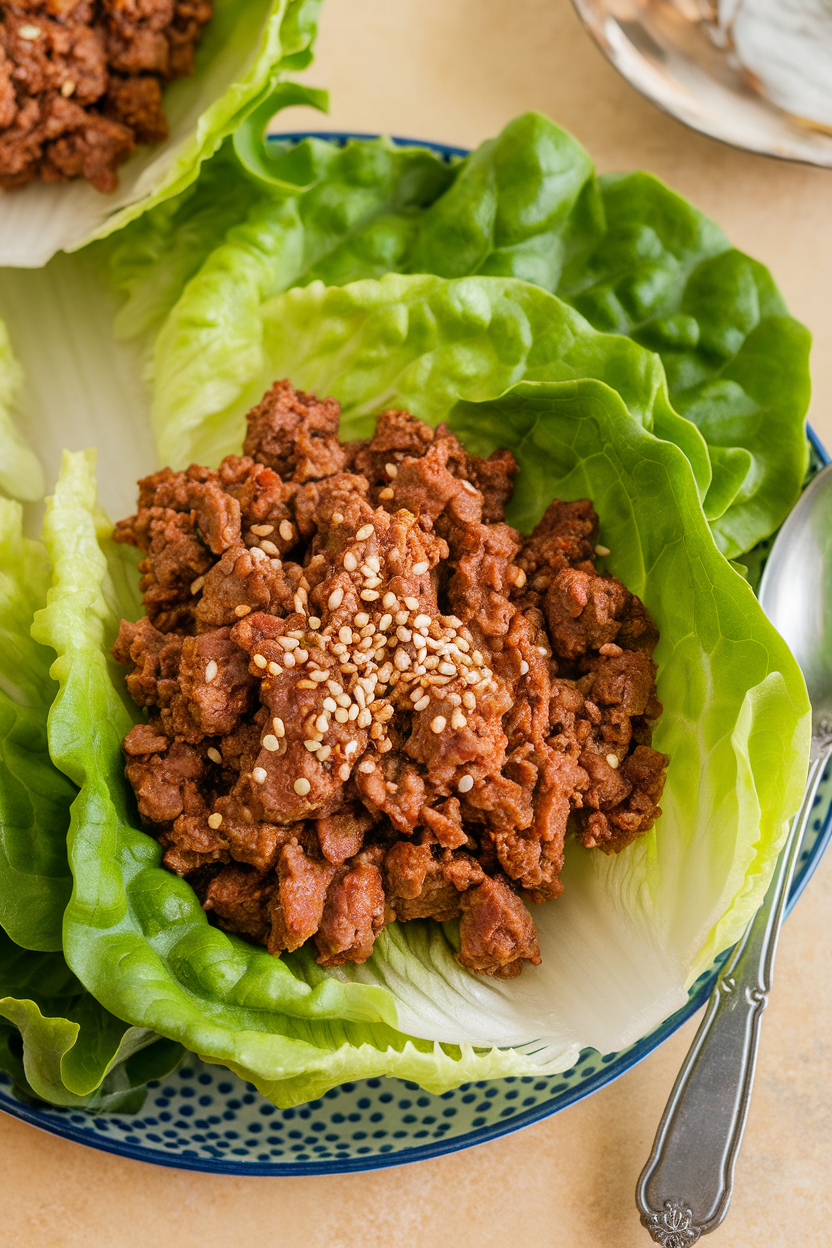 Indoor platter of butter-lettuce leaves filled with sweet-spicy ground beef, topped with sesame seeds. No text or logos. Photo, not illustration.