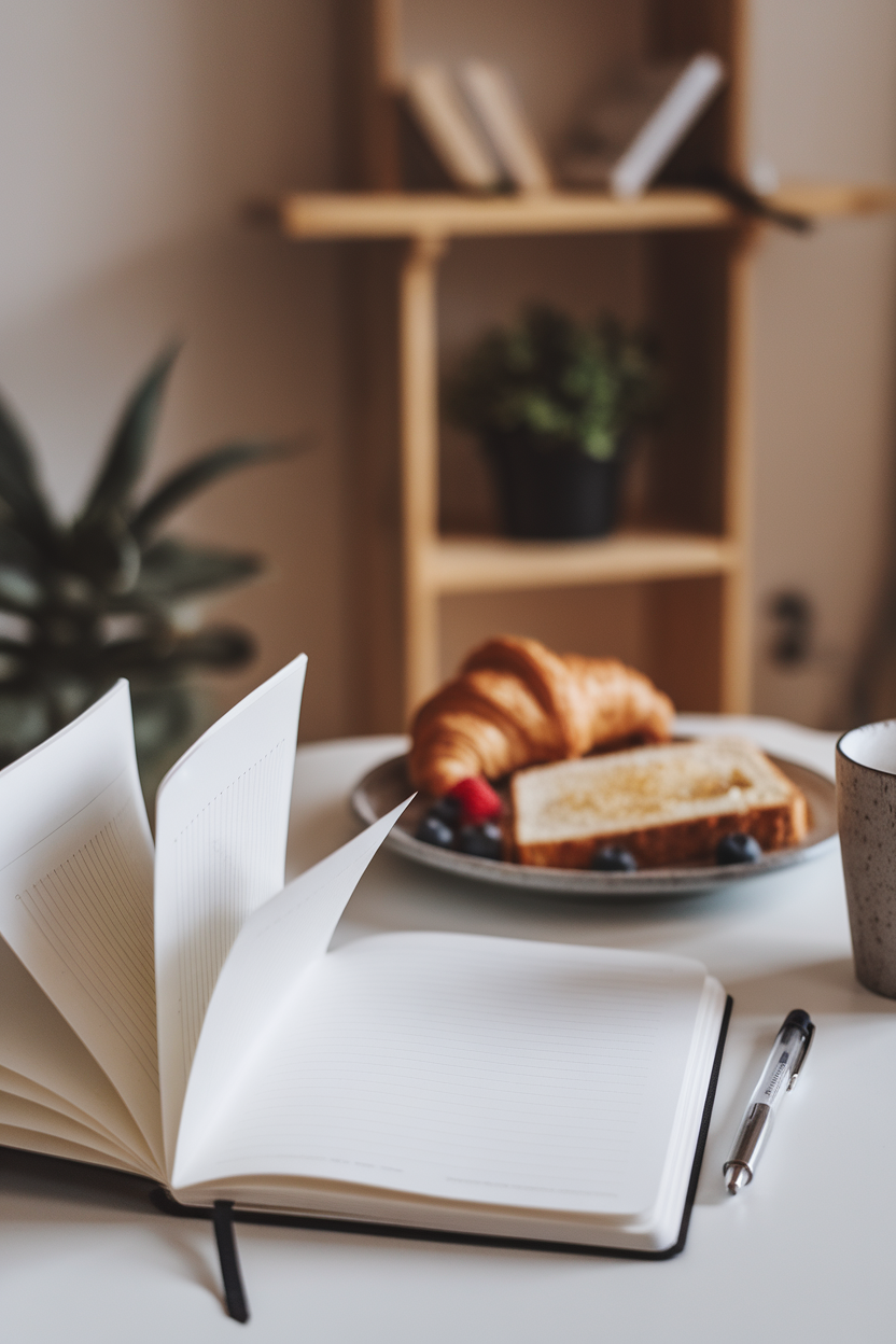 An open notebook and pen beside a breakfast plate, indoor table scene, no branding or text legible in the shot.