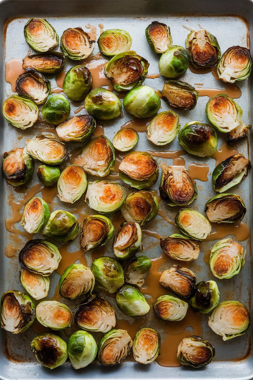 Photo of halved Brussels sprouts caramelized on a sheet pan with maple drizzle, indoor light, no text or logos.