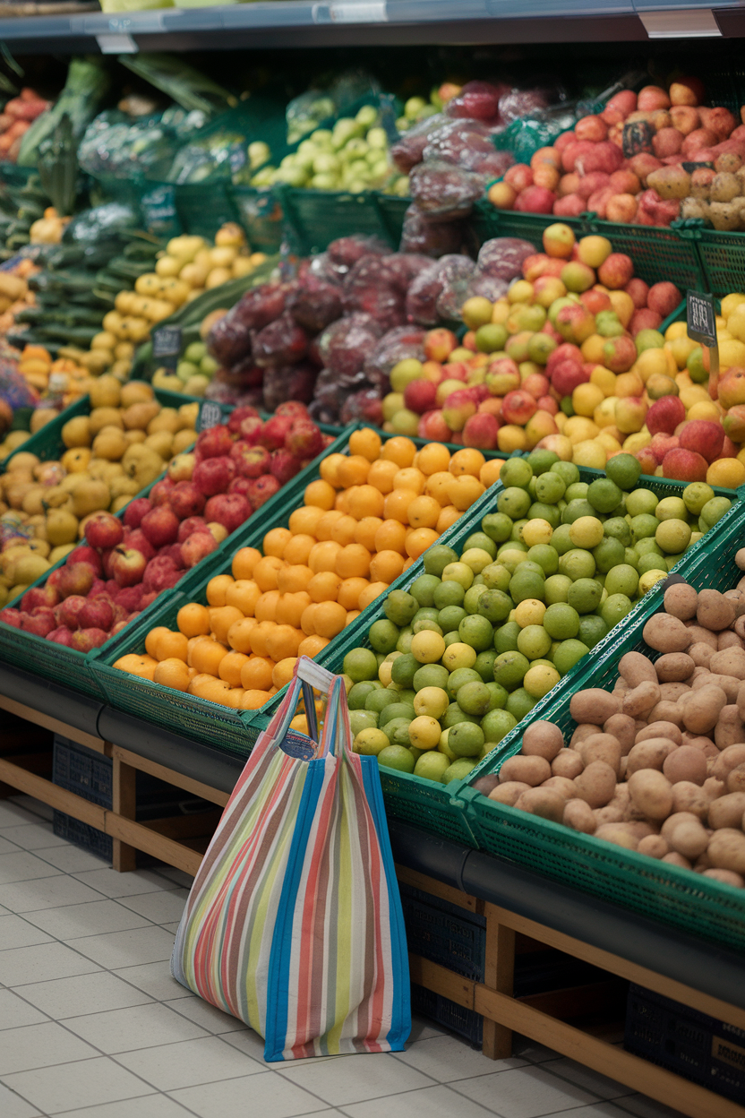 An indoor supermarket aisle showing baskets of colorful produce and a shopper’s reusable bag—photo, no visible store logos or text.