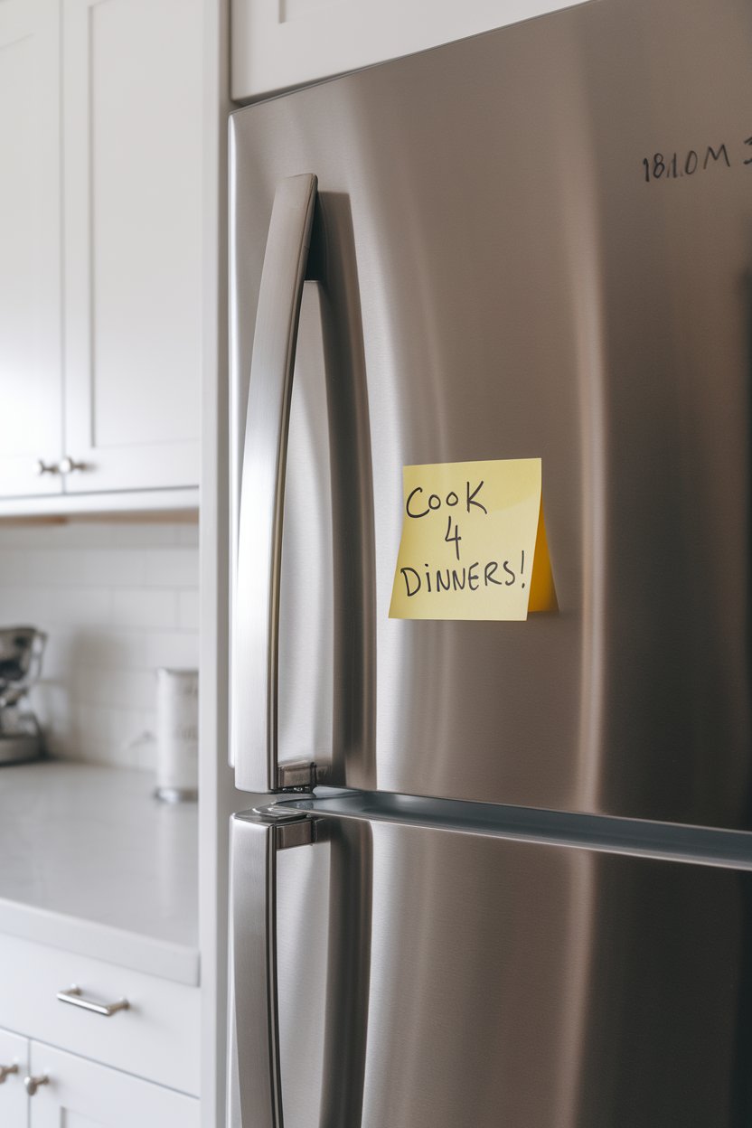 Photo of a simple sticky note on a stainless-steel fridge door reading “Cook 4 dinners!” in casual handwriting. Indoor kitchen light, no text or logos besides the note’s small text.