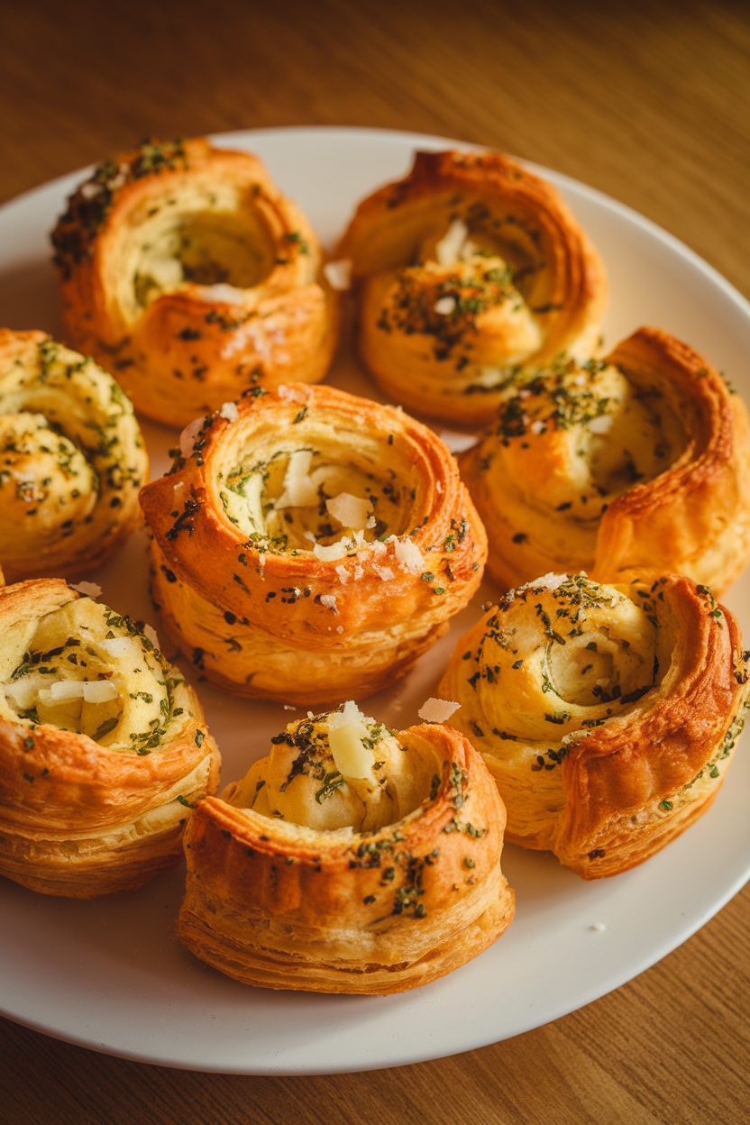 An indoor white platter stacked with golden puff pastry palmiers speckled with herbs and parmesan, photographed from a slight angle. No text or logos, photo only.