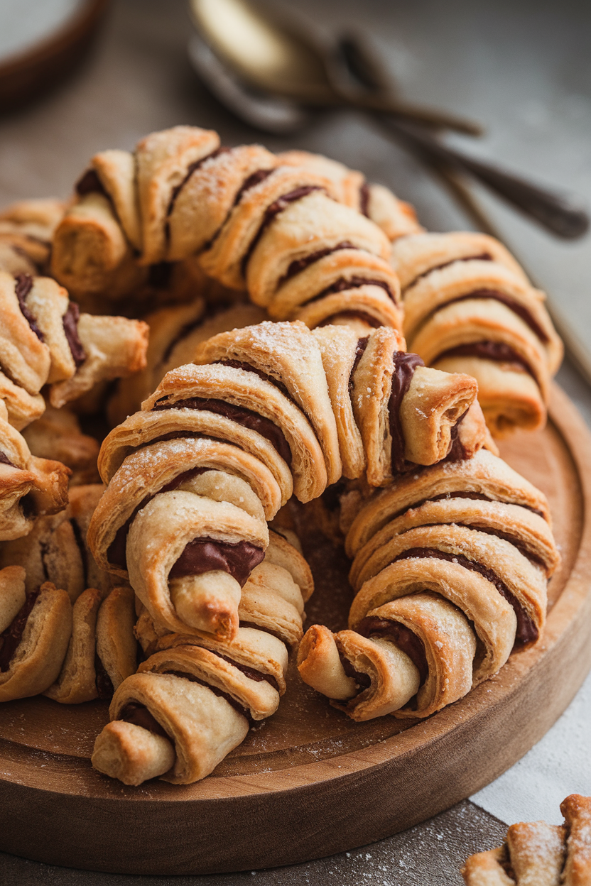 Indoor platter with crescent-shaped hazelnut chocolate rugelach, flaky layers visible, dusted lightly with sugar; no logos. Photo, not illustration.