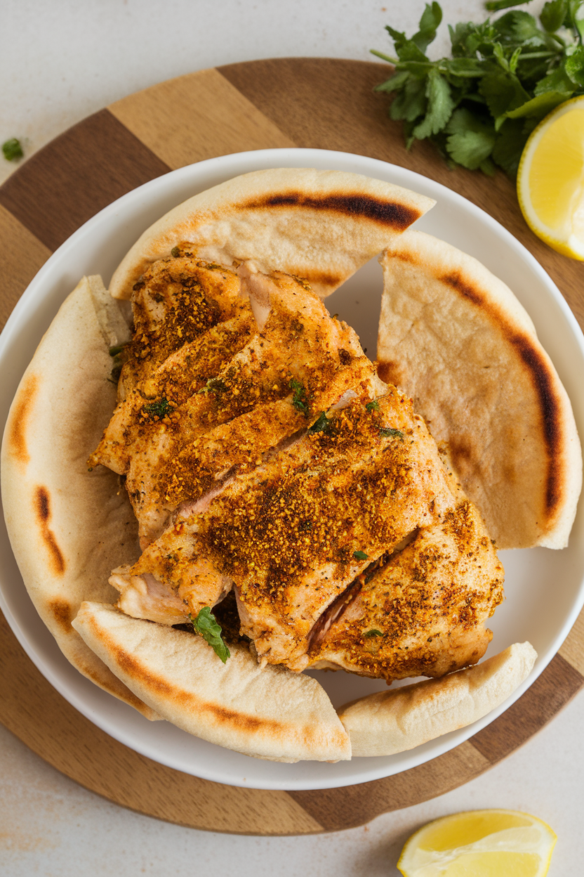 Indoor plate displaying air-fried chicken breast seasoned with golden shawarma spices, served with pita wedges, overhead shot. No text or logos.