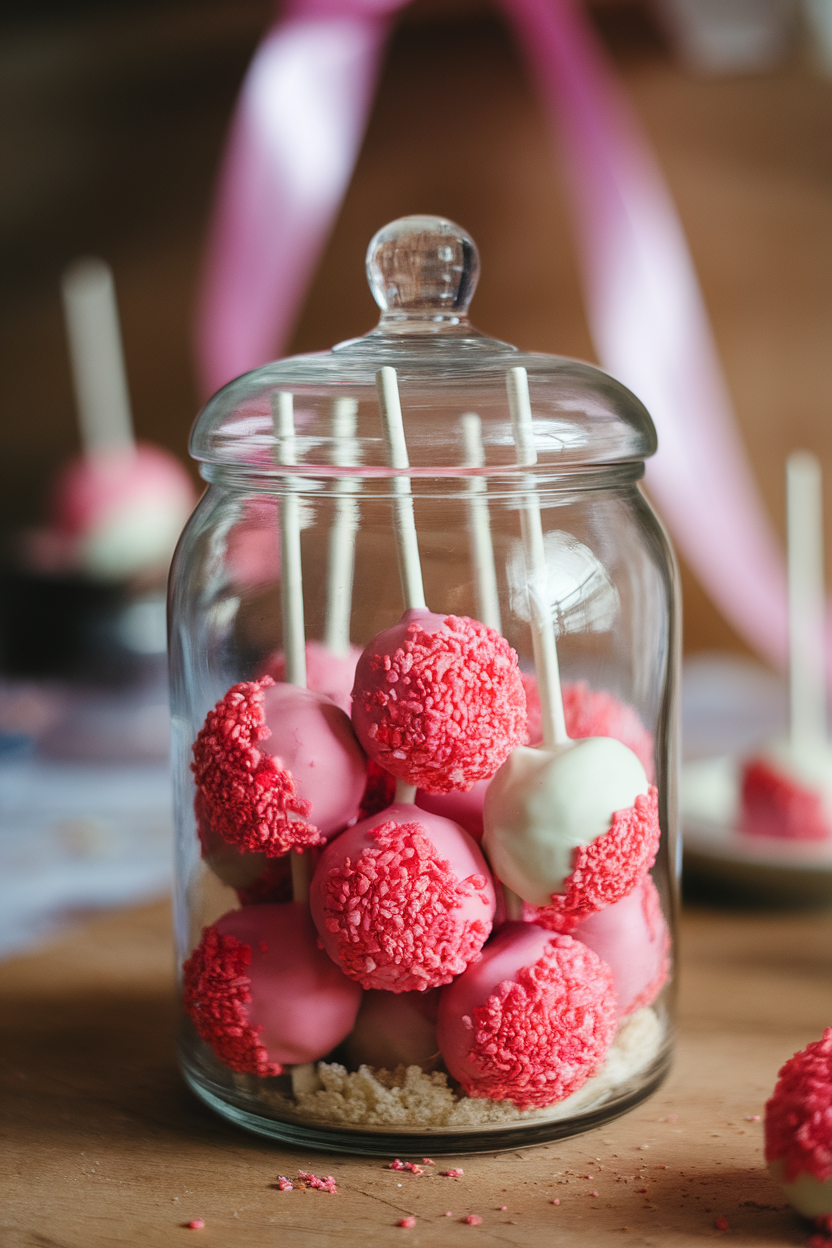 Photo, not illustration. Indoor playful setting. Pink cake pops dipped halfway in white chocolate then rolled in red Pop Rocks candy, arranged in a clear jar. No text or logos visible.