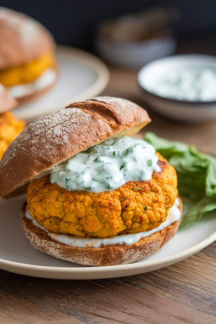 Photo of a golden curried cauliflower patty on a whole-grain bun, topped with cucumber raita, indoor table scene; no text or logos; photo, not illustration