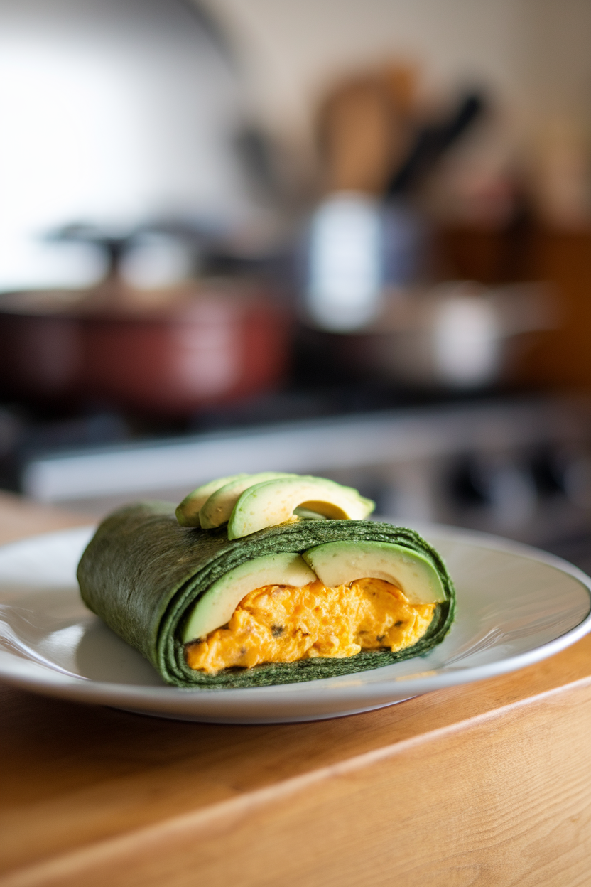 An indoor plate with a green spinach tortilla wrapped around scrambled eggs and avocado slices, cut diagonally. Photo, no text or logos.