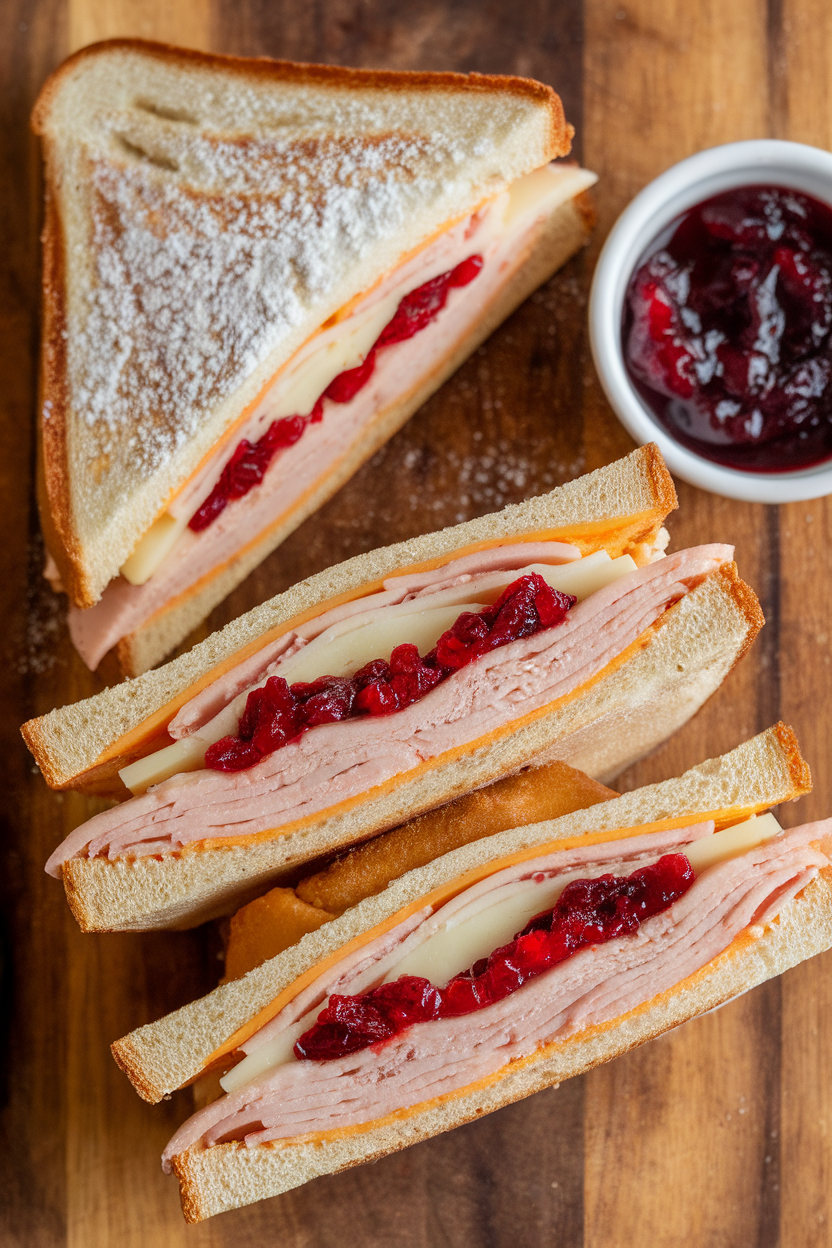 Photo of an indoor cutting board with triangles of dusted Monte Cristo sandwiches filled with turkey, cranberry sauce, and melted cheese, jam for dipping. No text or logos visible.