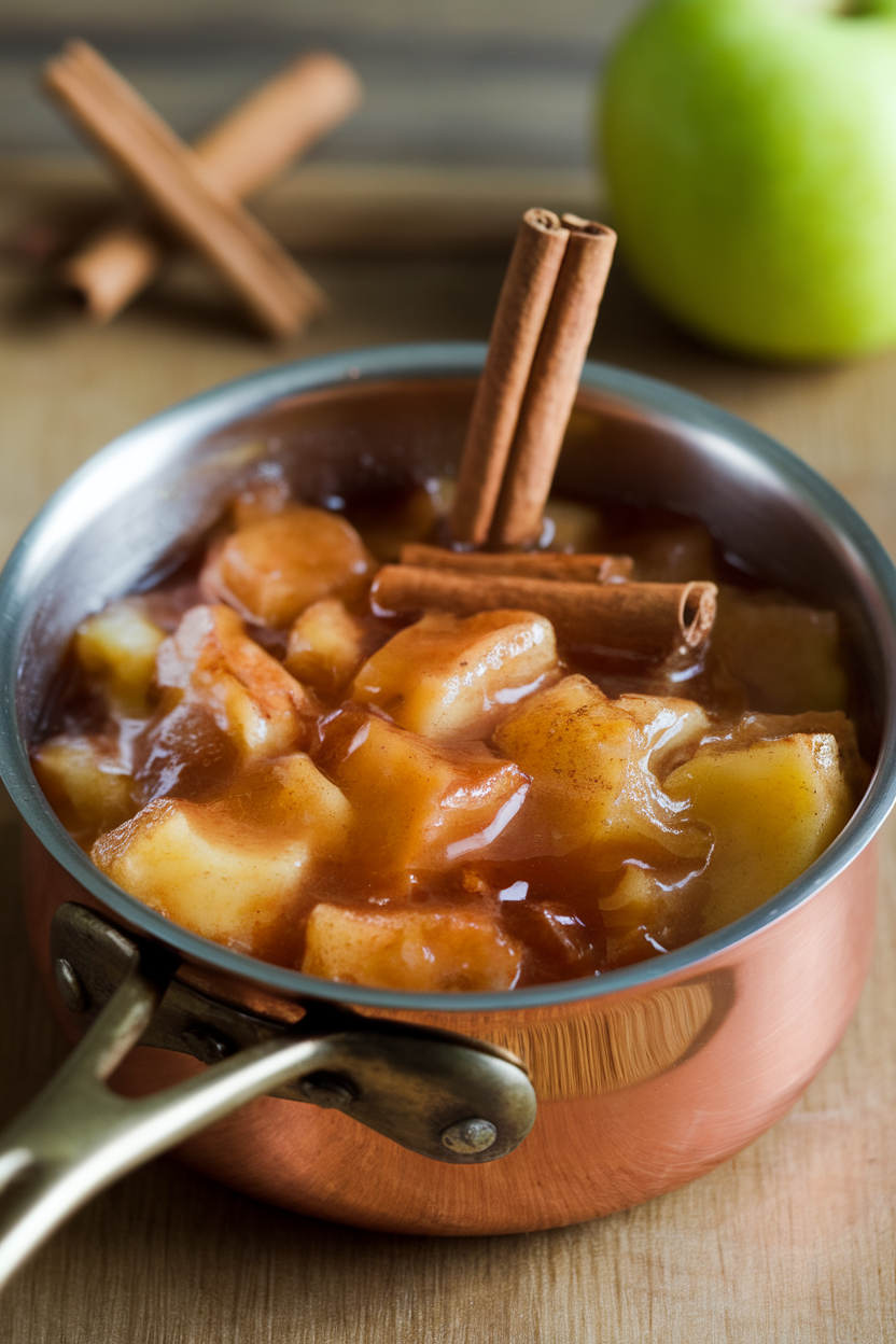 Indoor photo of chunky apple compote in a small copper saucepan, cinnamon sticks visible. No text or logos.