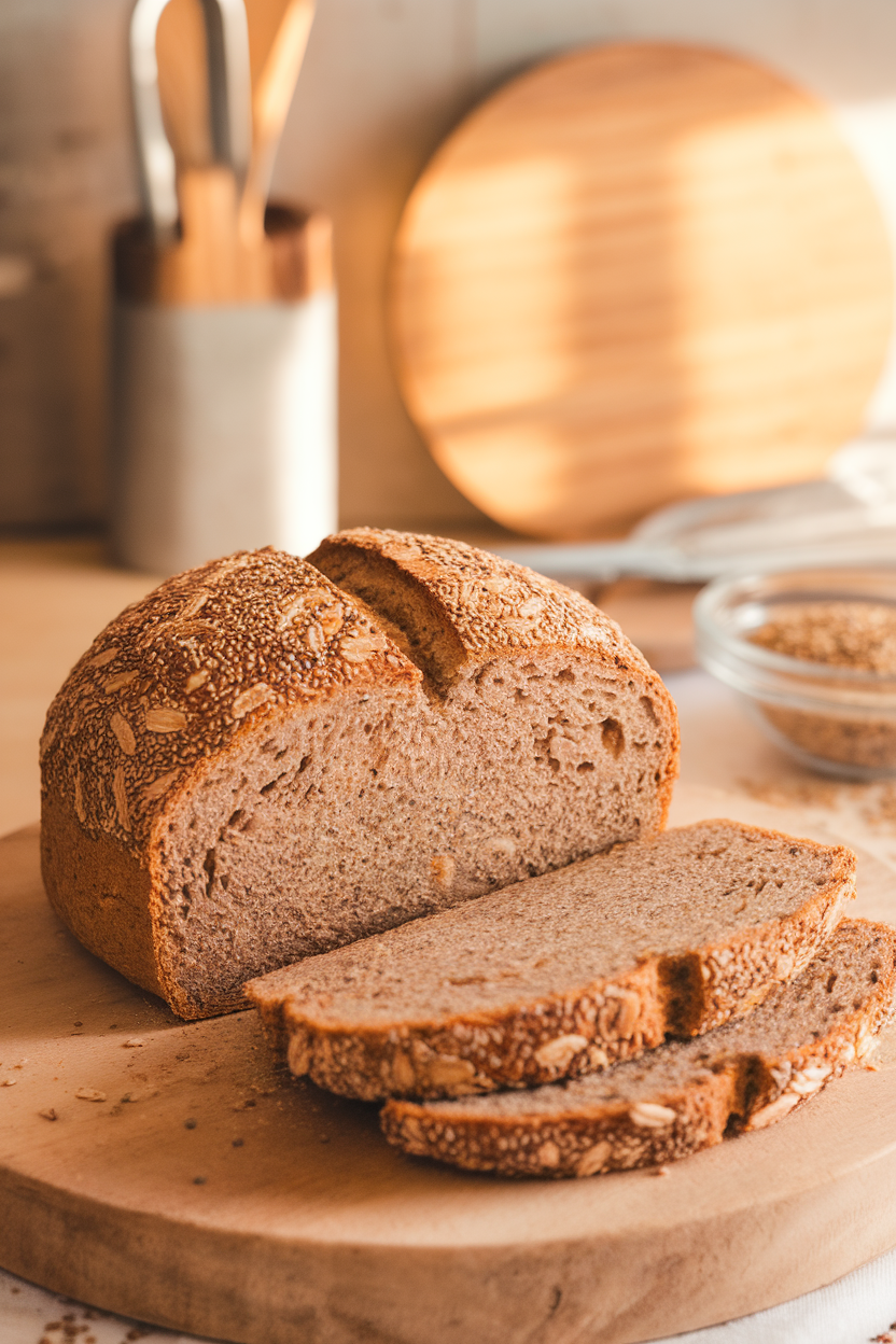 A soft-lit indoor scene with a round multigrain loaf sliced open to show chia seeds, oats, and millet in the crumb. No text or logos. Photo only.