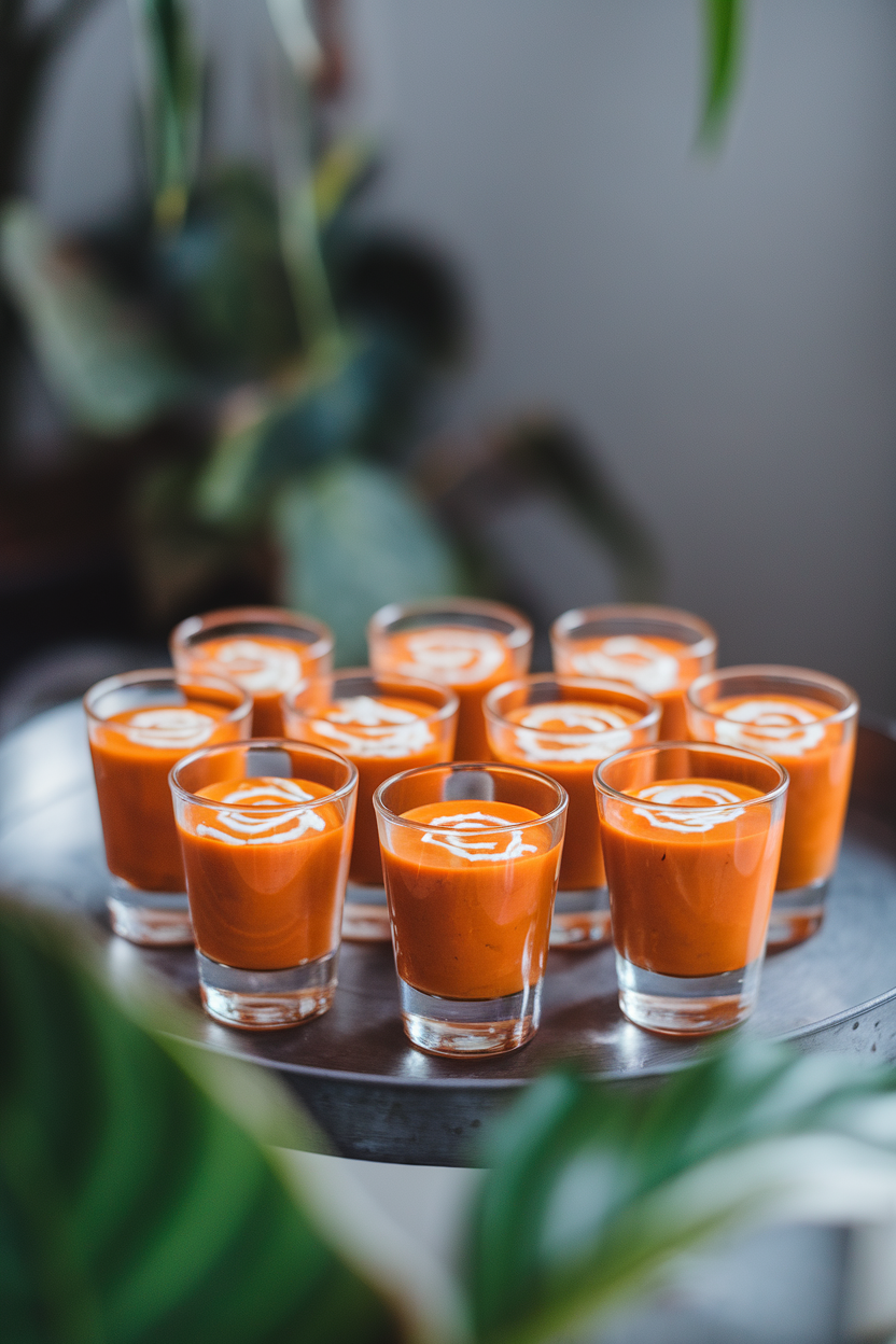 A photo of small glass shooter cups filled with vibrant orange carrot soup on an indoor tray, garnished with a swirl of coconut milk. No text or logos anywhere; soft studio lighting.