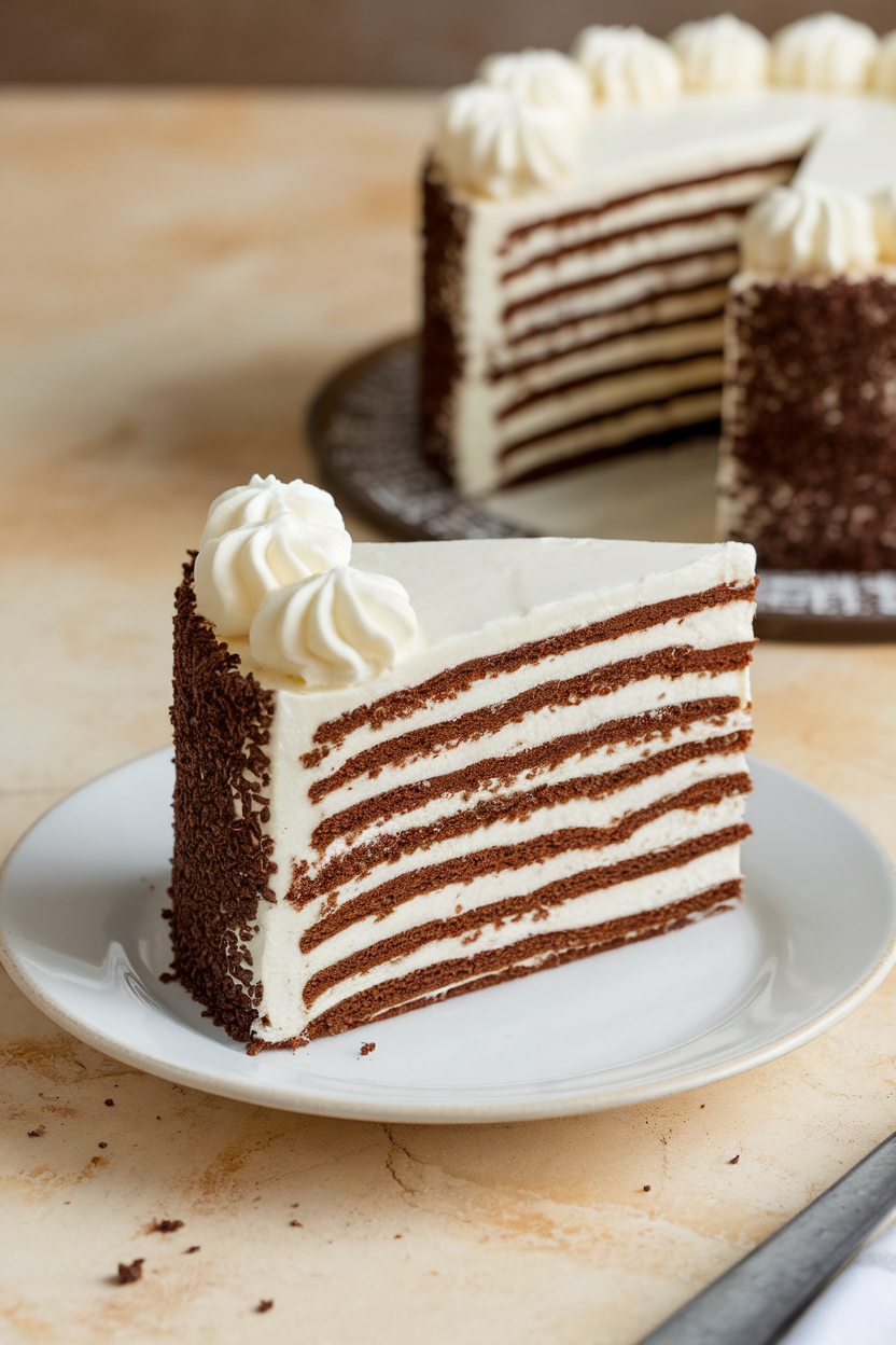 Indoor photo of a slice of whipped cream and chocolate cookie layered icebox cake, clean layers visible, no text or logos