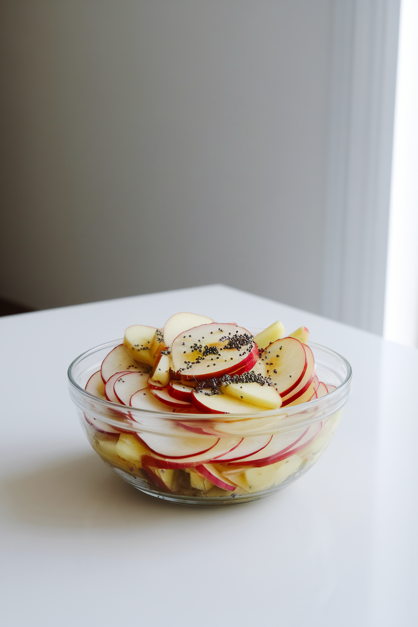 A brightly lit indoor table showing a clear bowl of paper-thin turnip and apple slices dressed lightly, with poppy seeds sprinkled on top. No text or logos; photo only.
