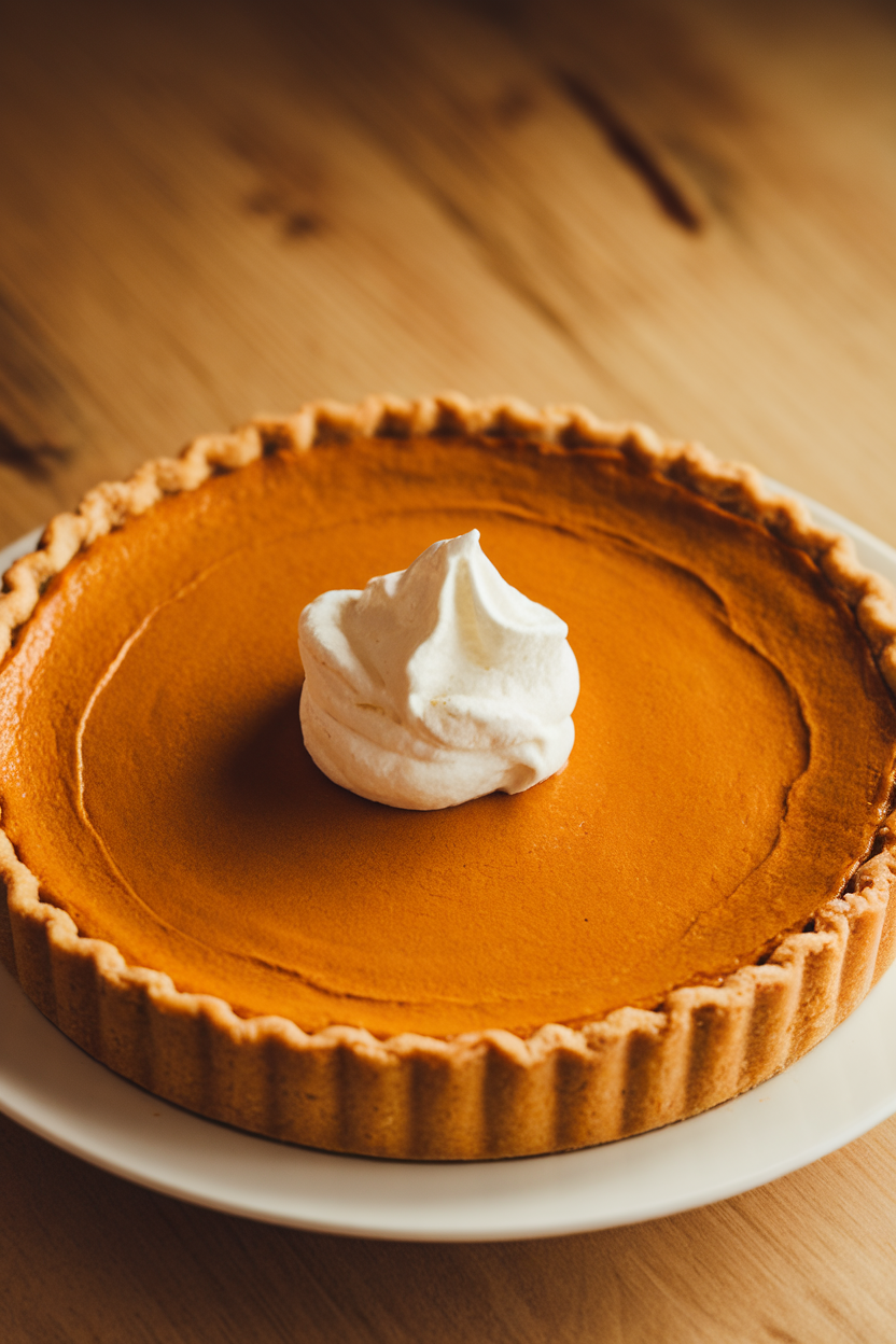 Indoor photo of classic pumpkin pie with a dollop of whipped cream in the center, no text or logos