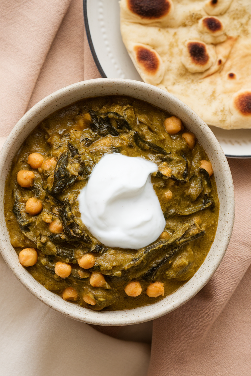 Photo of an indoor bowl of thick chickpea spinach curry with a spoonful of coconut yogurt on top, naan bread partially visible on the side without logos.