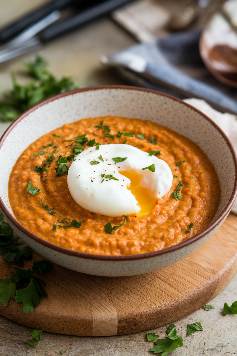 Indoor bowl photo of creamy red lentil porridge topped with a poached egg and chopped parsley, no text or logos.