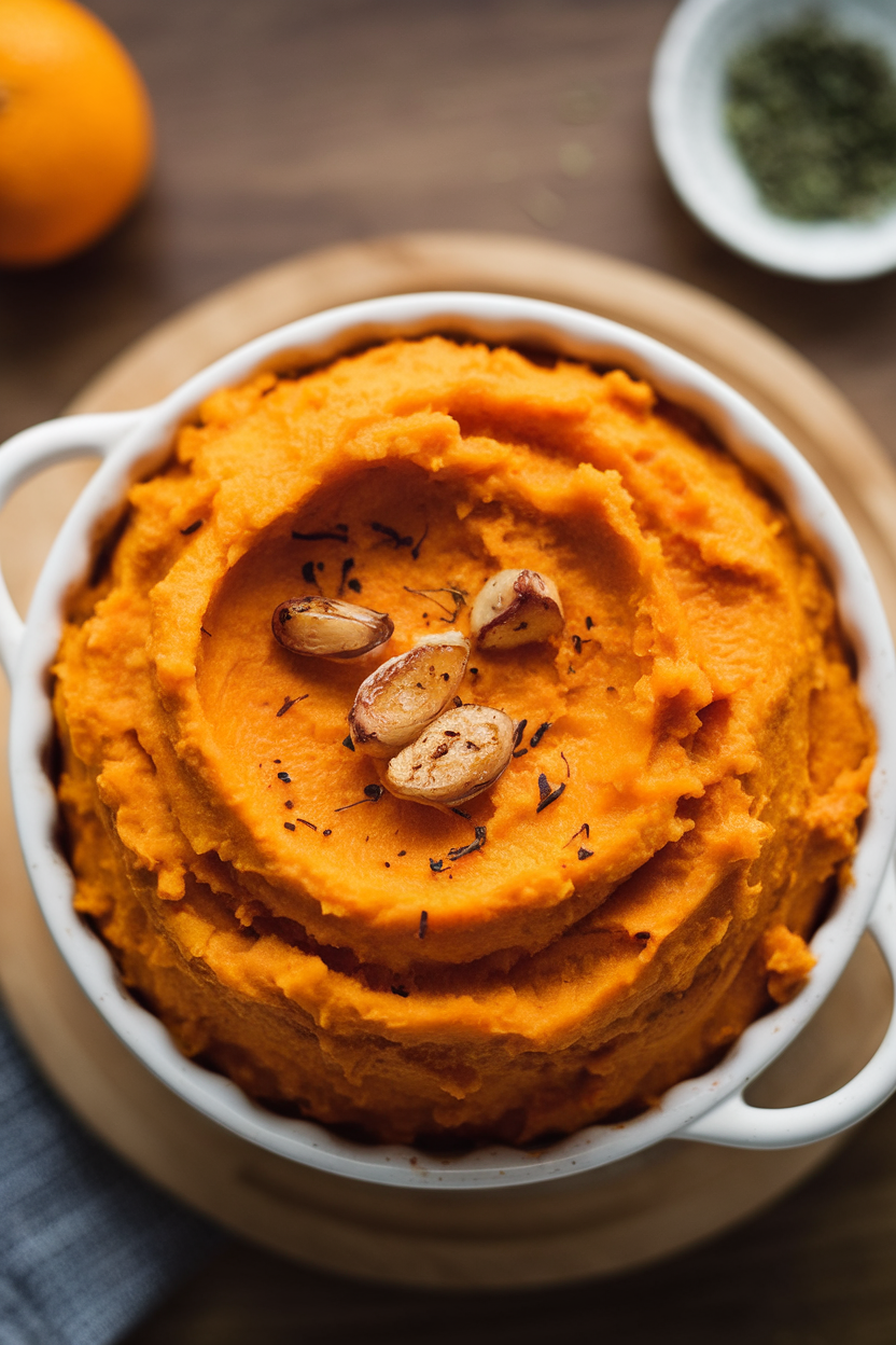 Indoor serving dish piled with creamy orange mashed sweet potatoes, roasted garlic cloves visible, shot from above. No text or logos.