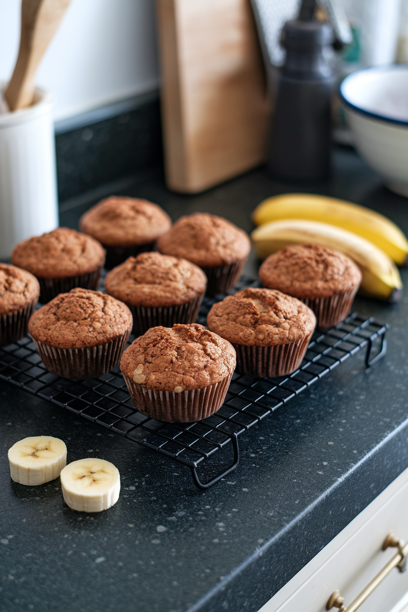 A cooling rack on an indoor counter lined with dark-speckled buckwheat muffins, a few banana slices nearby; no text or logos.