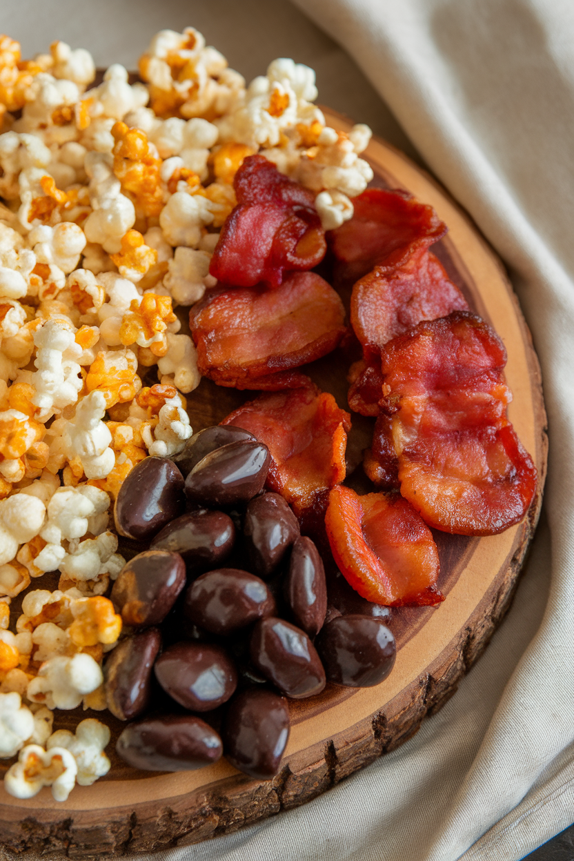 Indoor image of a board scattered with white cheddar popcorn, candied bacon bites, and dark chocolate-covered almonds; no logos
