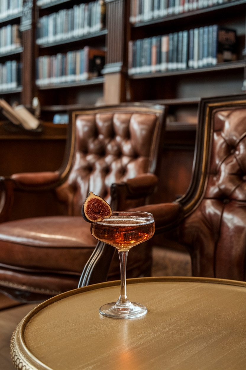 An indoor library lounge showing a coupe of amber Champagne with a slice of dried fig perched on rim. Photo, not illustration. No text or logos.