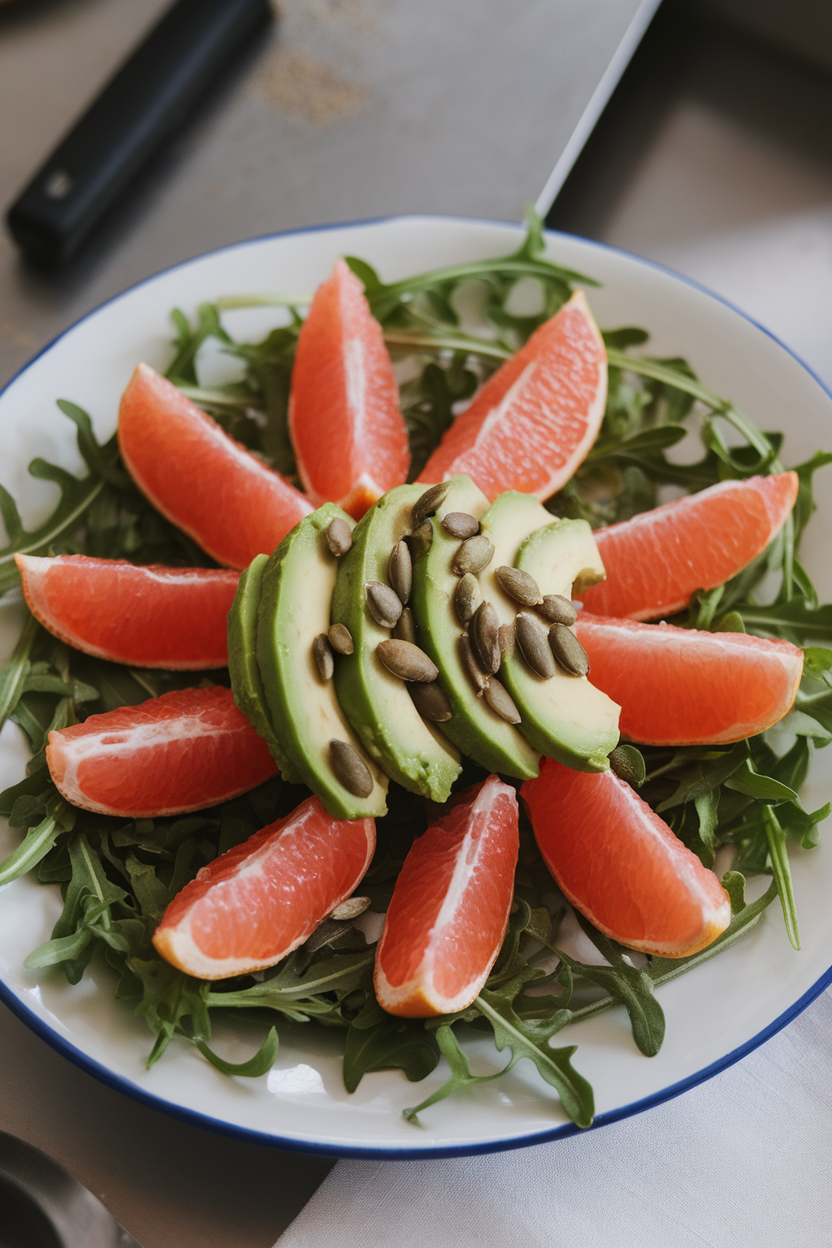 An indoor plate of pink grapefruit segments and creamy avocado slices arranged over baby arugula leaves, sprinkled with pumpkin seeds. No logos or text. Photo only.