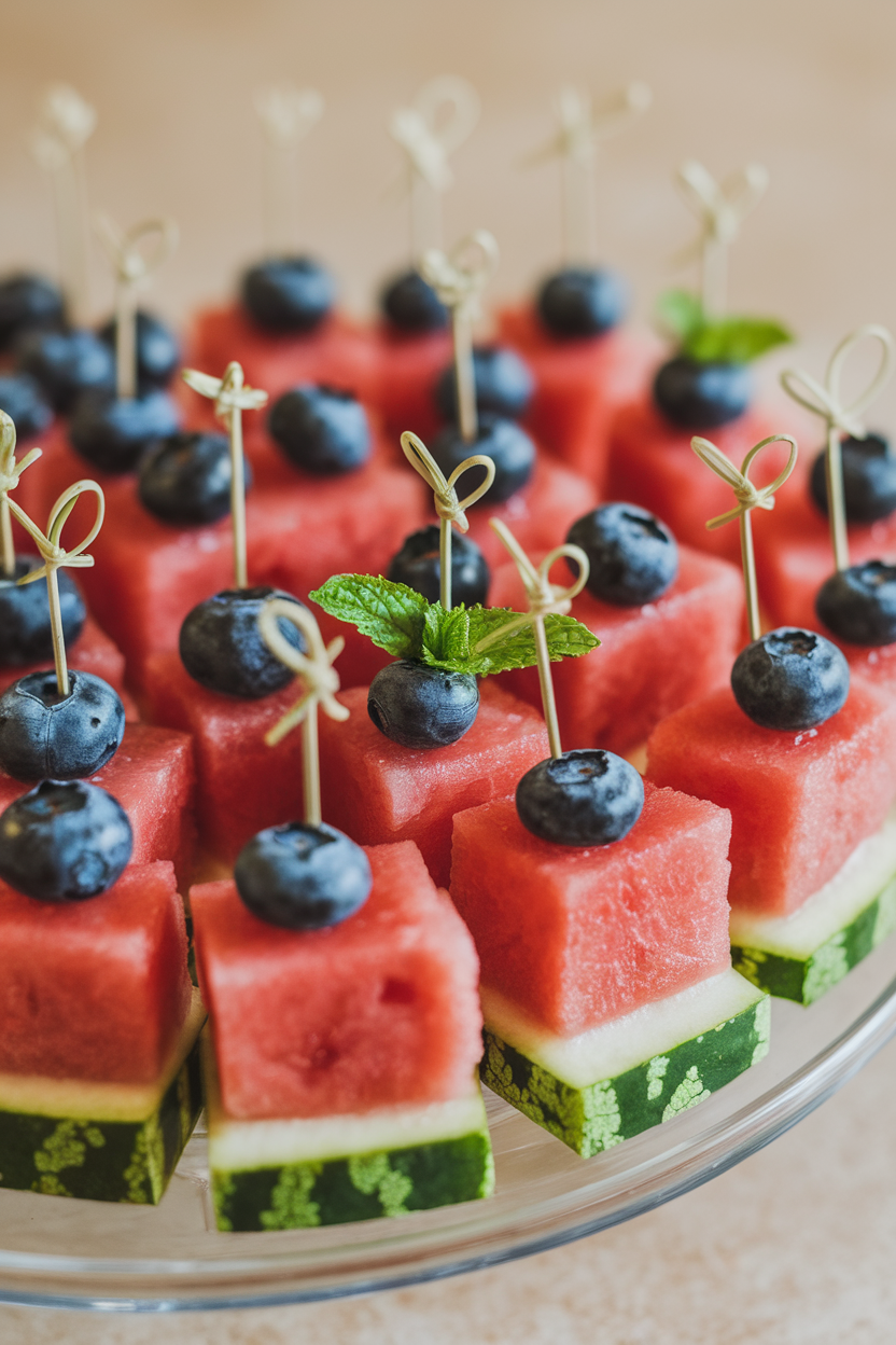 Indoor photo of watermelon cubes each topped with a fresh blueberry and micro mint leaf, secured with petite picks, on a chilled platter. No logos or text.
