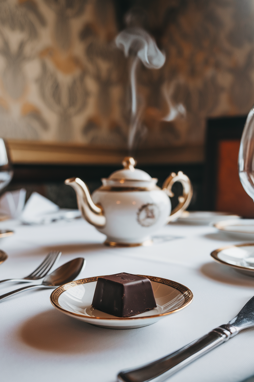 An indoor dining table with a small square of dark chocolate on a saucer, tea steaming in the background—photo, no text or logos.