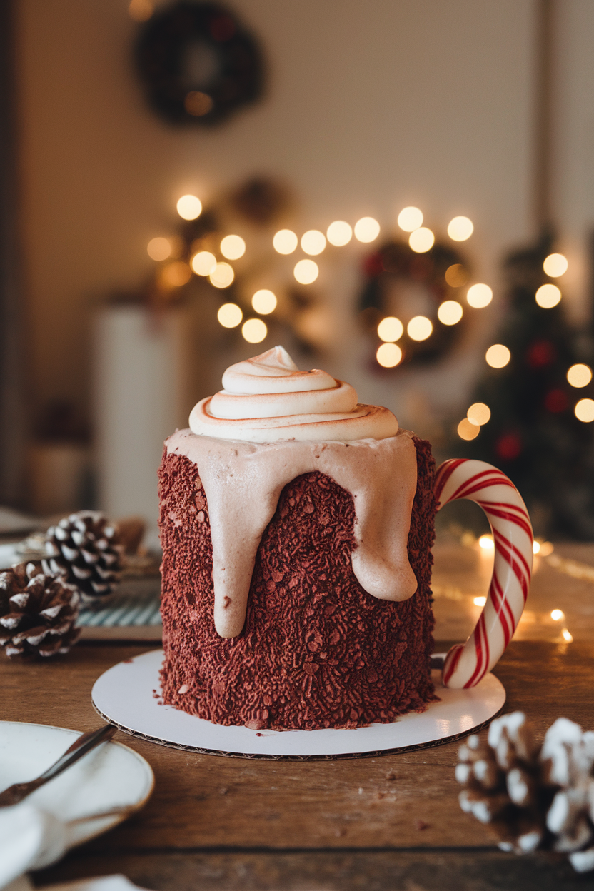 Indoor tabletop featuring a giant cake shaped like a ceramic mug, coated in deep cocoa frosting with a swirl of marshmallow fluff spilling over the rim and a candy cane handle. Cozy warm lighting, no text or logos.