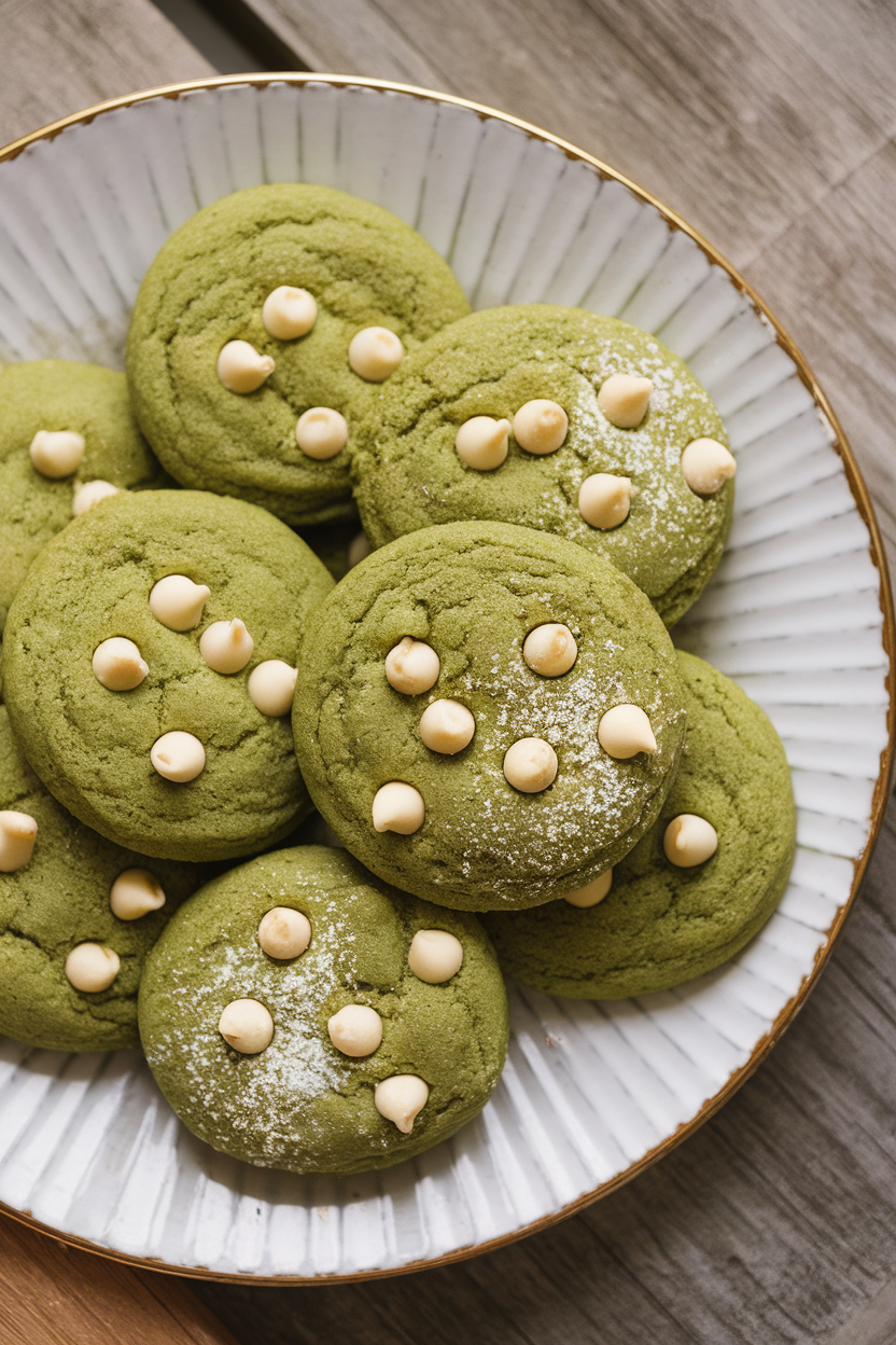 Indoor plate with green matcha sugar cookies speckled with mini white chocolate chips. Photo, no text or logos.