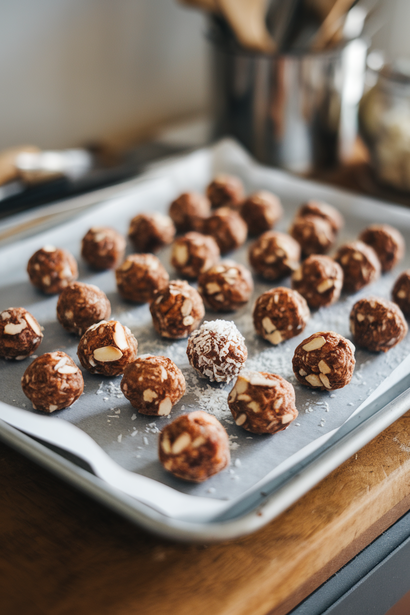 Photo of an indoor cookie sheet lined with small round energy balls made from dates, almonds, and protein powder, no logos visible.